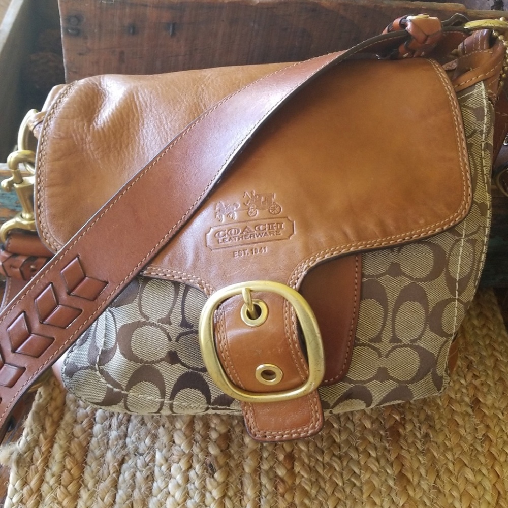 Authentic Coach Jacquard Monogram and Leather  Bag